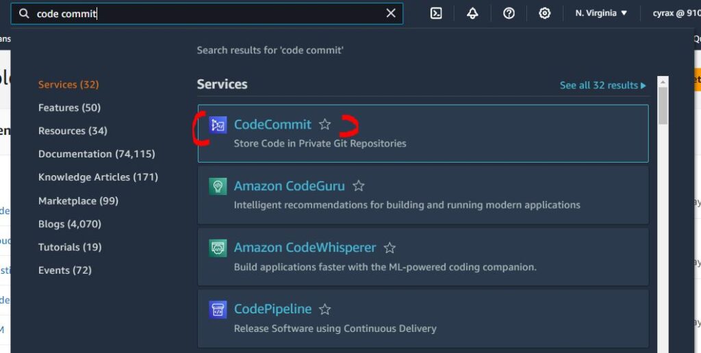 Search for codecommit